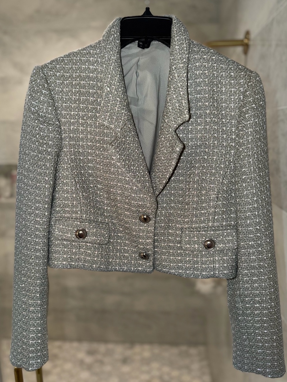 Express Beautiful Tea Blue Gray Cropped Tweed Blazer Jacket with white Sequins